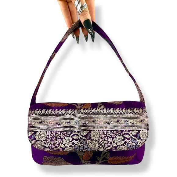 90's designer purple floral silk shoulder bag by SARAH SHAW LOS ANGELES - Picture 12 of 16